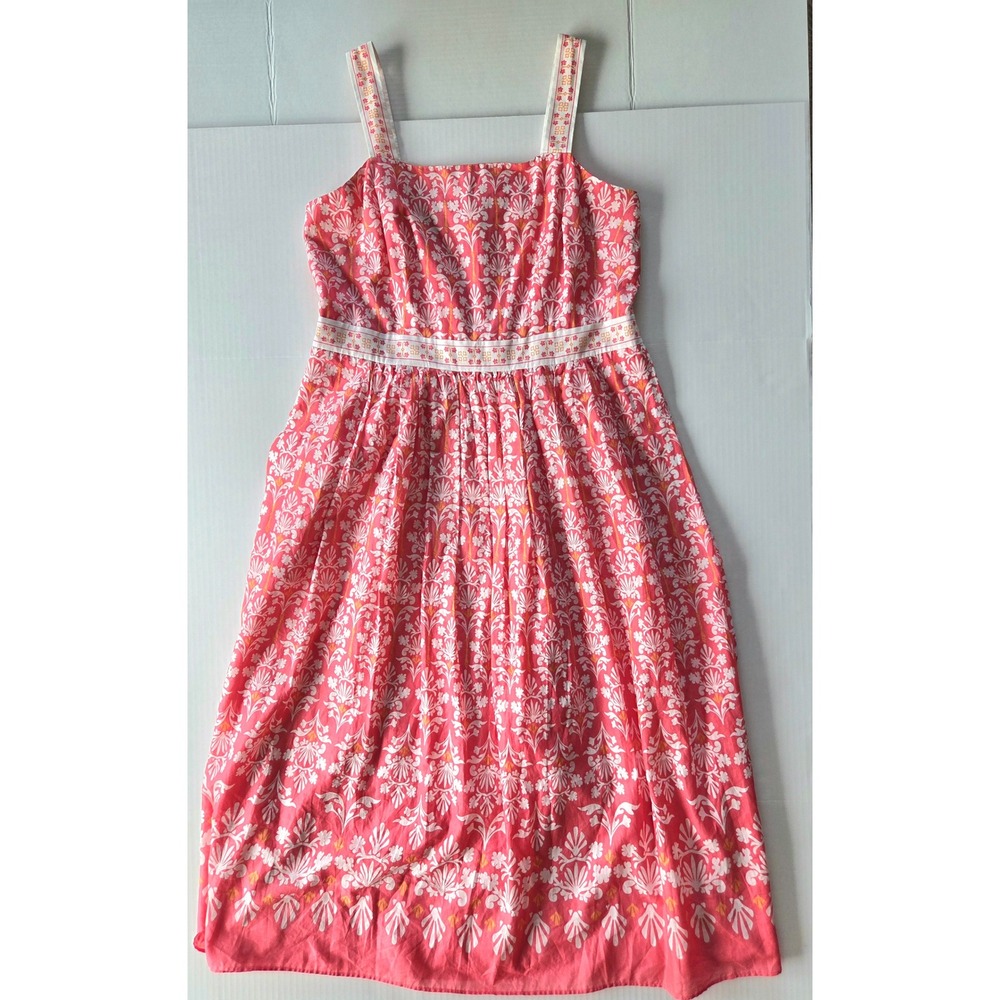 Talbots Petite Coral Pink White Floral Midi Sun Dress 12P Sleeveless Cotton